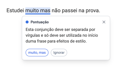 Captura do corretor a assinalar um erro de pontuação.